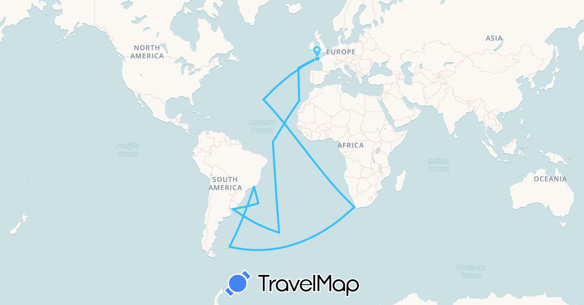 TravelMap itinerary: boat in Brazil, Spain, Falkland Islands, France, Uruguay (Europe, South America)